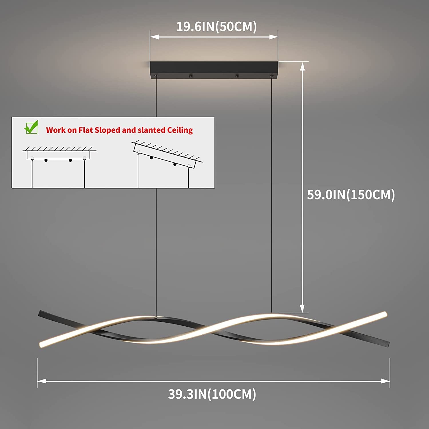 LED Modern Chandelier, Dimmable Ceiling Light with Remote Control L100Xw14Cm Creative Pendant Lights Fixture Acrylic Wave Black Island Light Linear Chandeliers for Dining Room Living Room Kitchen