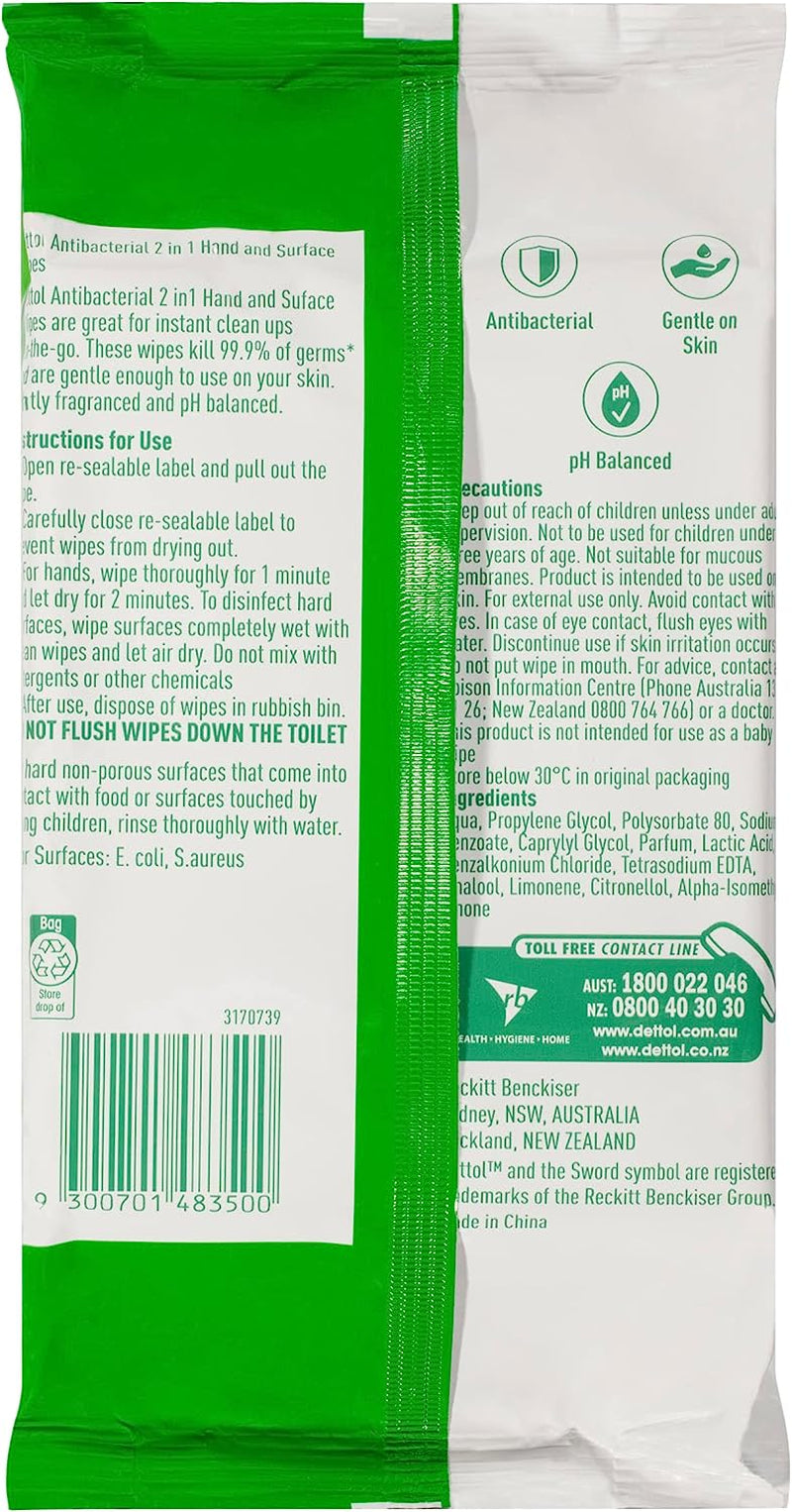 2 in 1 Hands and Surfaces Antibacterial Wipes 60 Pack