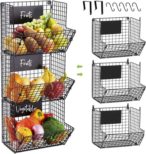 Fruit Vegetable Storage Basket for Kitchen, 3 Tier Stackable Wall Mount & Countertop & Hanging Metal Wire Baskets Organiser with Hooks, Kitchen Produce Tiered Counter Organizer Bin Rack(Black)