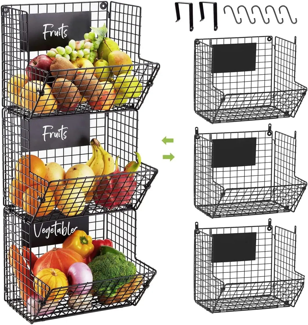 Fruit Vegetable Storage Basket for Kitchen, 3 Tier Stackable Wall Mount & Countertop & Hanging Metal Wire Baskets Organiser with Hooks, Kitchen Produce Tiered Counter Organizer Bin Rack(Black)
