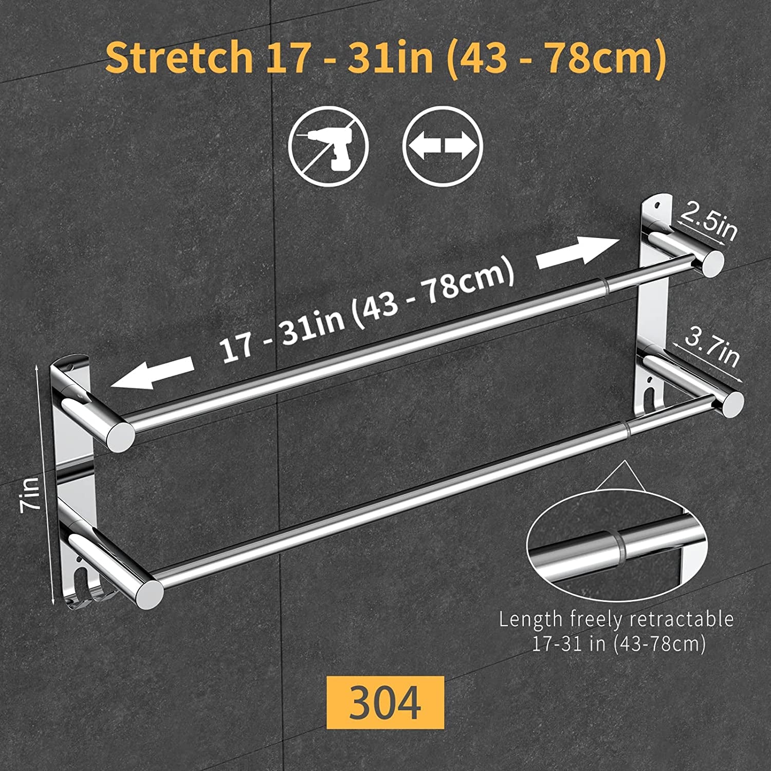 Stretchable 45-75 Cm(17-30 Inches) Towel Bar for Bathroom Kitchen Hand Towel Holder Dish Cloths Hanger SUS304 Stainless Steel RUSTPROOF Wall Mount No Drill Sdjustable (Two BAR)
