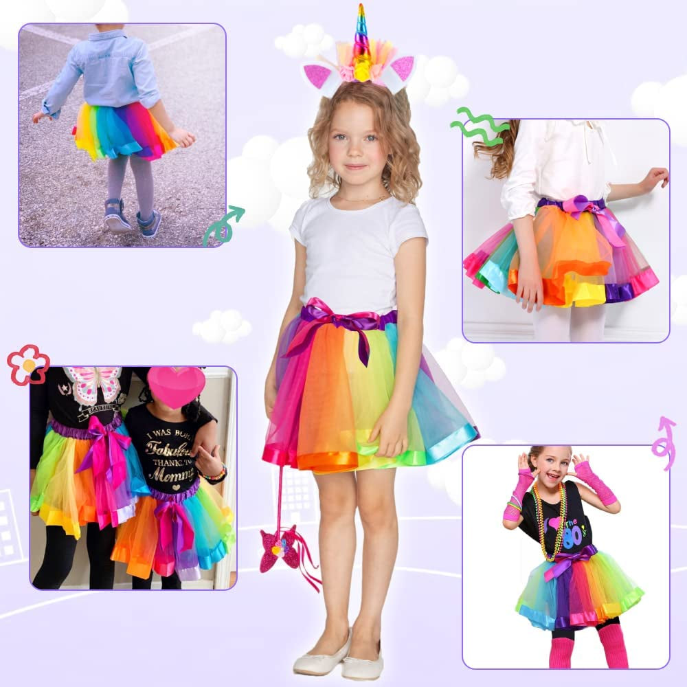 Girl Tutu Skirt, Rainbow Tulle Dress up with Unicorn Headband Baby Girls Ballet Costume for Birthday Party Photography Halloween Children'S Day Outfit for 2-8 Years Kids