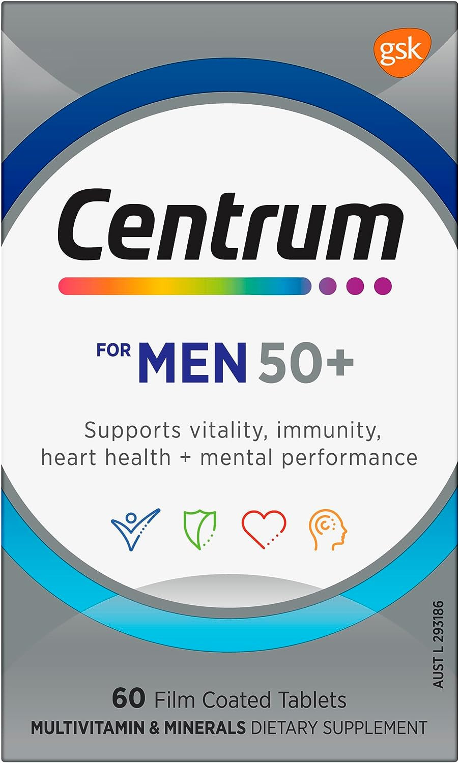 for Men 50+, Multivitamin with Vitamins & Minerals to Support Vitality, Immunity, Heart Health & Mental Performance, 60 Tablets
