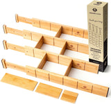 Bamboo Drawer Dividers - Customisable & Expandable Kitchen Drawer Organiser with 12 Inserts, Slatted Partitions, Rubber Pads - Desk Drawer Organiser - Adjustable Cutlery Organiser - Set of 4 (33-46Cm)