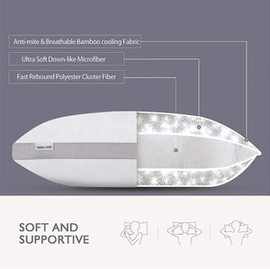 Bamboo Cooling Pillows Twin Pack - Luxury Plush Down-Like Microfibre Pillows for Bedding - Ultra Soft, Comfy & Breathable Standard Pillows - 2 Pack