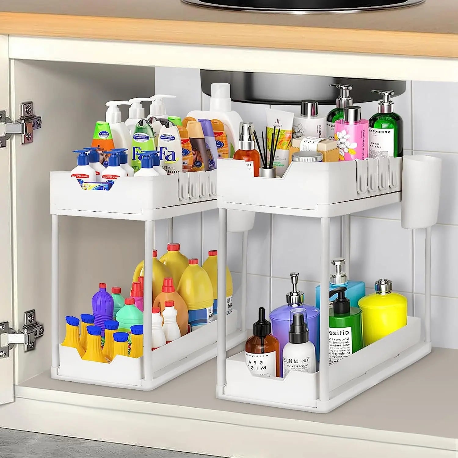 2-Tier Pull Out Sliding Drawer under Sink Storage Organiser for Kitchen Cupboard - Bathroom Organiser Sink Storage for Laundry Storage & Organisation (2 Pack)