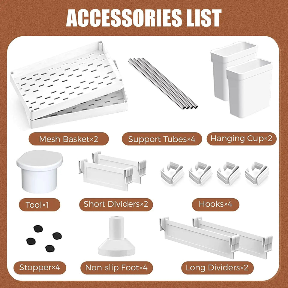under Sink Organizer Storage,2 Tier Bathroom Organizer Kitchen Storage Rack with Hooks, Hanging Cup, Dividers,Multi-Purpose Bath Collection Baskets for Bathroom Kitchen (White)