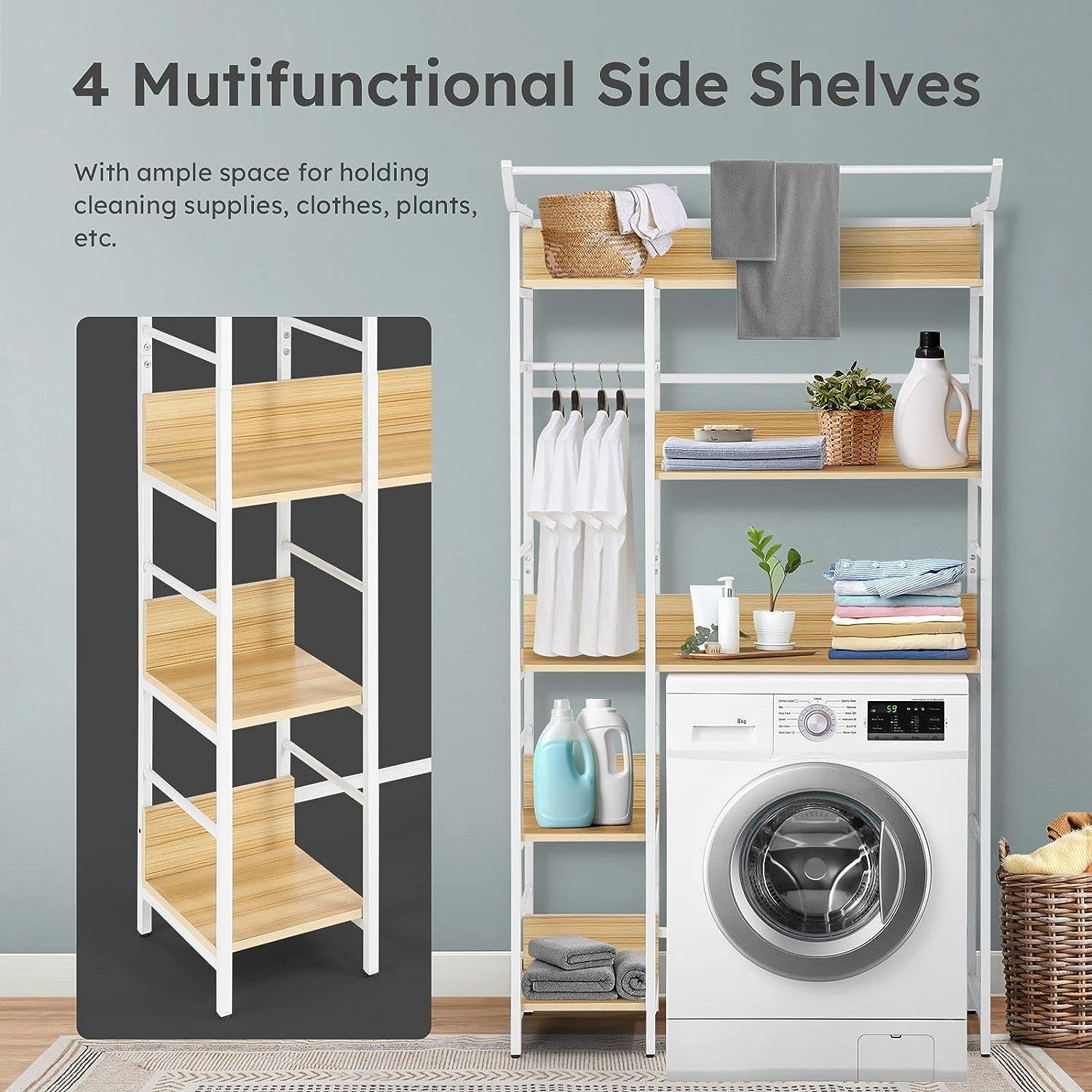 5 Tier over Toilet Shelf Bathroom Rack Organiser Laundry Shelves Storage Freestanding White & Wood