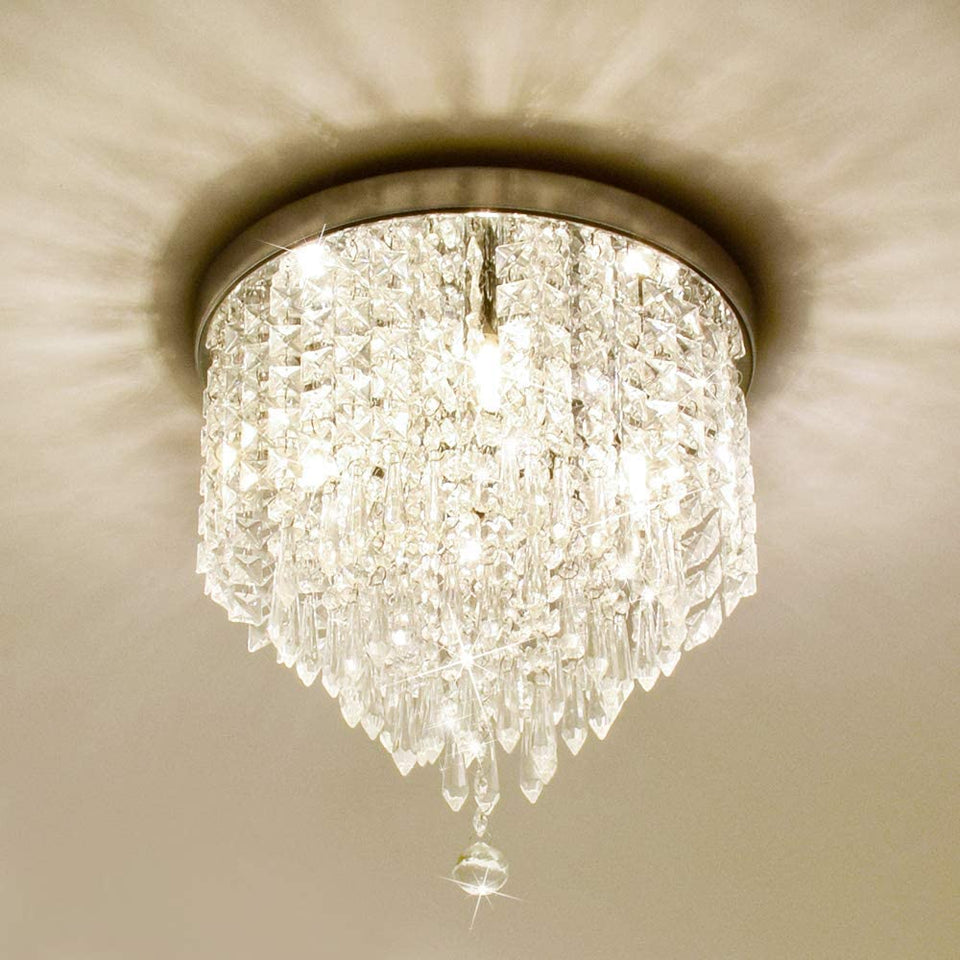 Mini Crystal Ceiling Light, 4-Light LED Crystal Chandelier Light Fixture, H 31CM X W 30CM Flush Mount Crystal Ceiling Lamp for Bedroom, Hallway, Kitchen, Living Room (Bulbs Not Included)