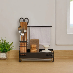 Sink Caddy Sponge 4 in 1 Holder Brush Soap Dishcloth Holder with Drain Pan, Waterproof Freestanding and Wall-Mounted Sponge Holder Kitchen Sink Organiser with Rustproof in Black