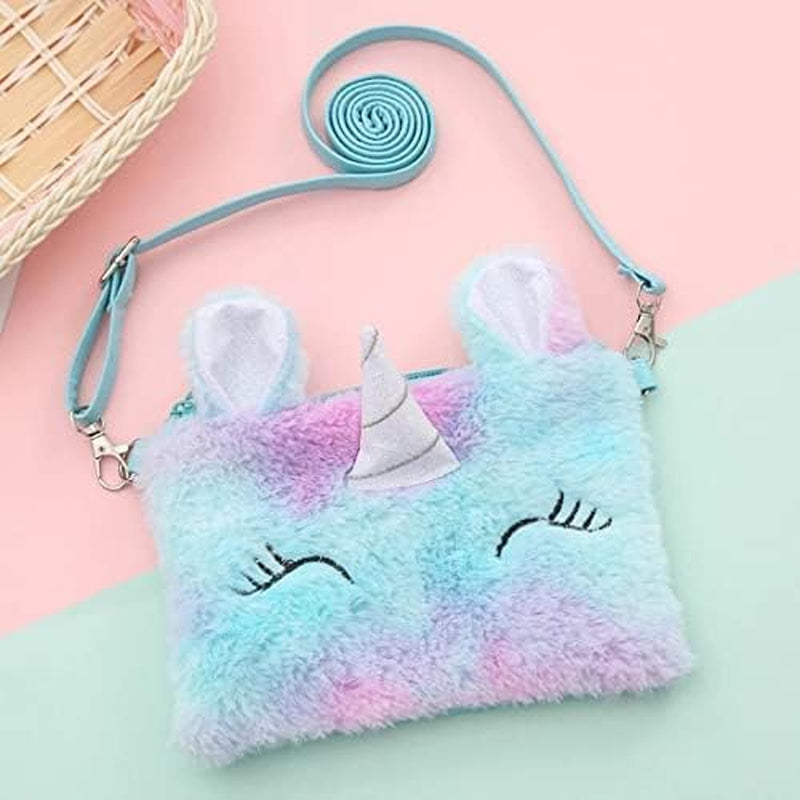 Girls Unicorn Shoulder Bag - Cross Body Fluffy Unicorn Bag with Adjustable Strap and Zipper