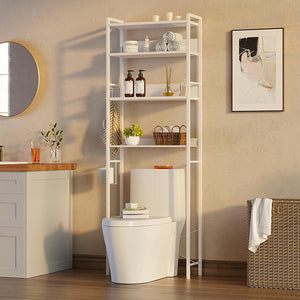 over the Toilet Storage, 4-Tier Wooden Bathroom Space Saver with Hooks, Freestanding Bathroom Organizer, Multifunctional over the Toilet Storage Rack, Bathroom Toilet Rack, White