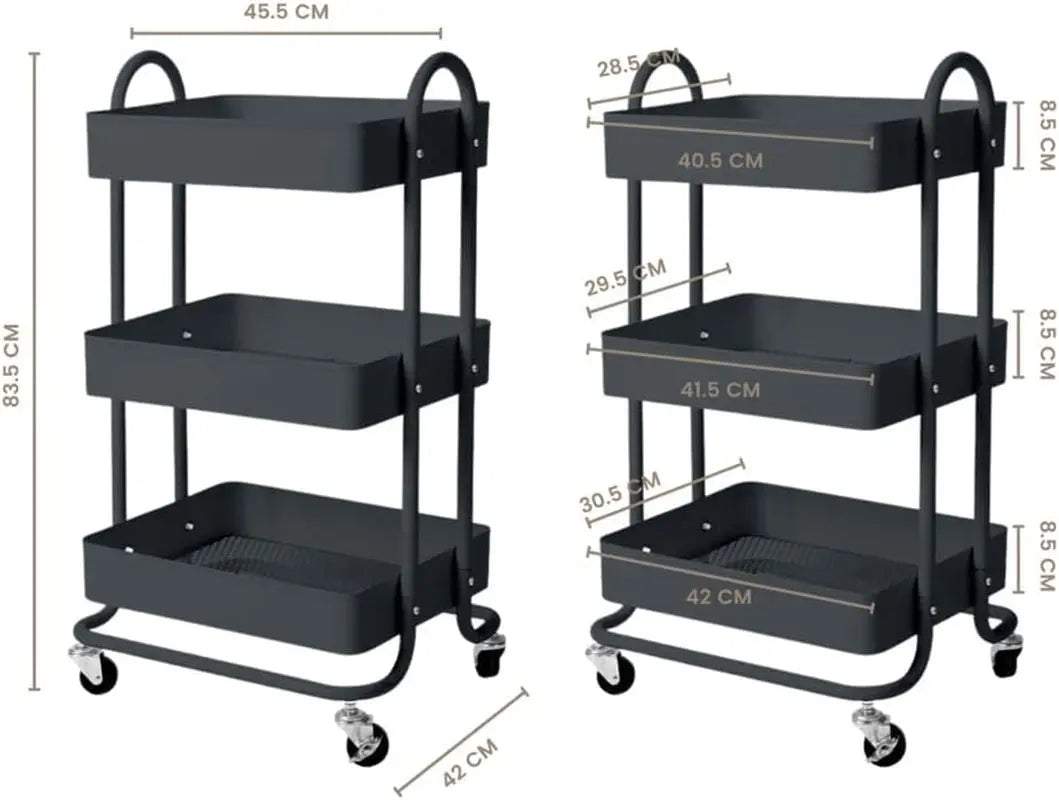 Kitchen Trolley Cart 3 Tier, Steel Storage Shelf Rack Organiser Wheels, Powder-Coated Finish, Max. Weight Capacity 45Kg, Black