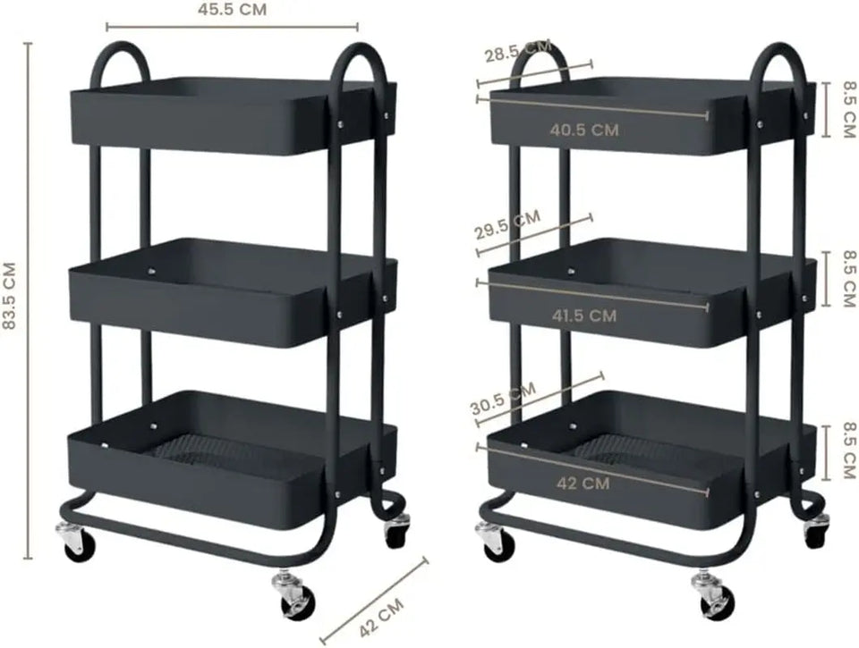 Kitchen Trolley Cart 3 Tier, Steel Storage Shelf Rack Organiser Wheels, Powder-Coated Finish, Max. Weight Capacity 45Kg, Black