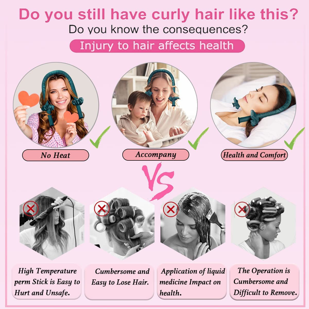 Heatless Hair Curler, Heatless Curls, Women Heatless Curling Rod Headband, Soft and Comfortable Sleep Silk Heatless Curls Ribbon, Curling Iron Kit for DIY Styling of Long Hair