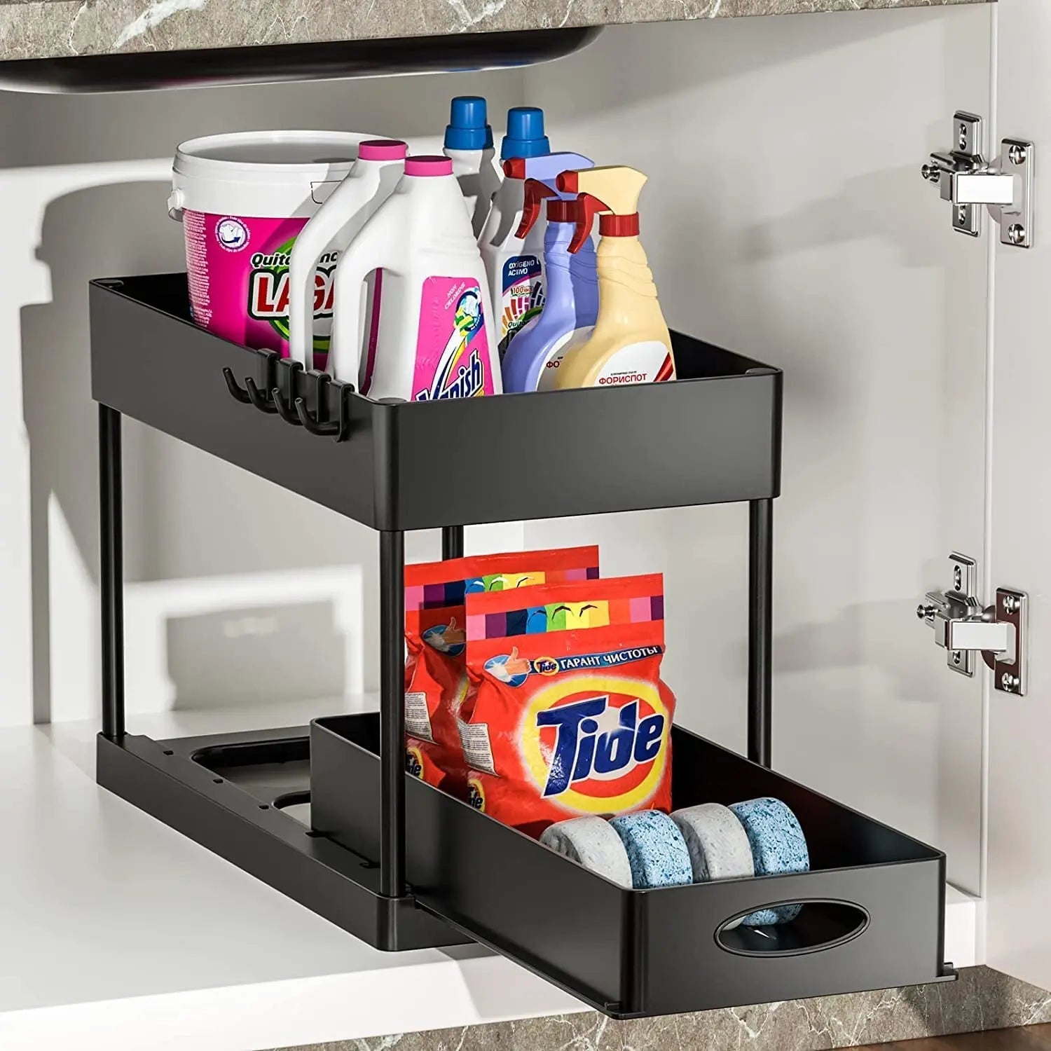 under Sink Organizers and Storage Pull Out Sliding Drawers,2 Tier Under-Sink Organizers with Sliding Drawer with 4 Hooks,Under Sliding Cabinet Basket Organizer Holder for Bathroom Kitchen