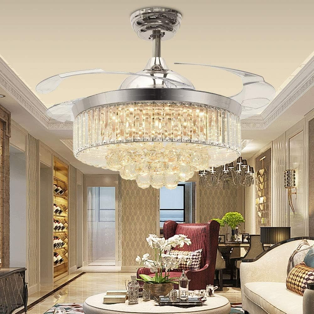 Reversible Retractable Ceiling Fans with LED Light and Remote, 42 Inch Invisible Ceiling Fan Chandelier with 4 Clear ABS Blades, Bedroom Fandelier Indoor Crystal Ceiling Light Kits with Fans (Chrome)