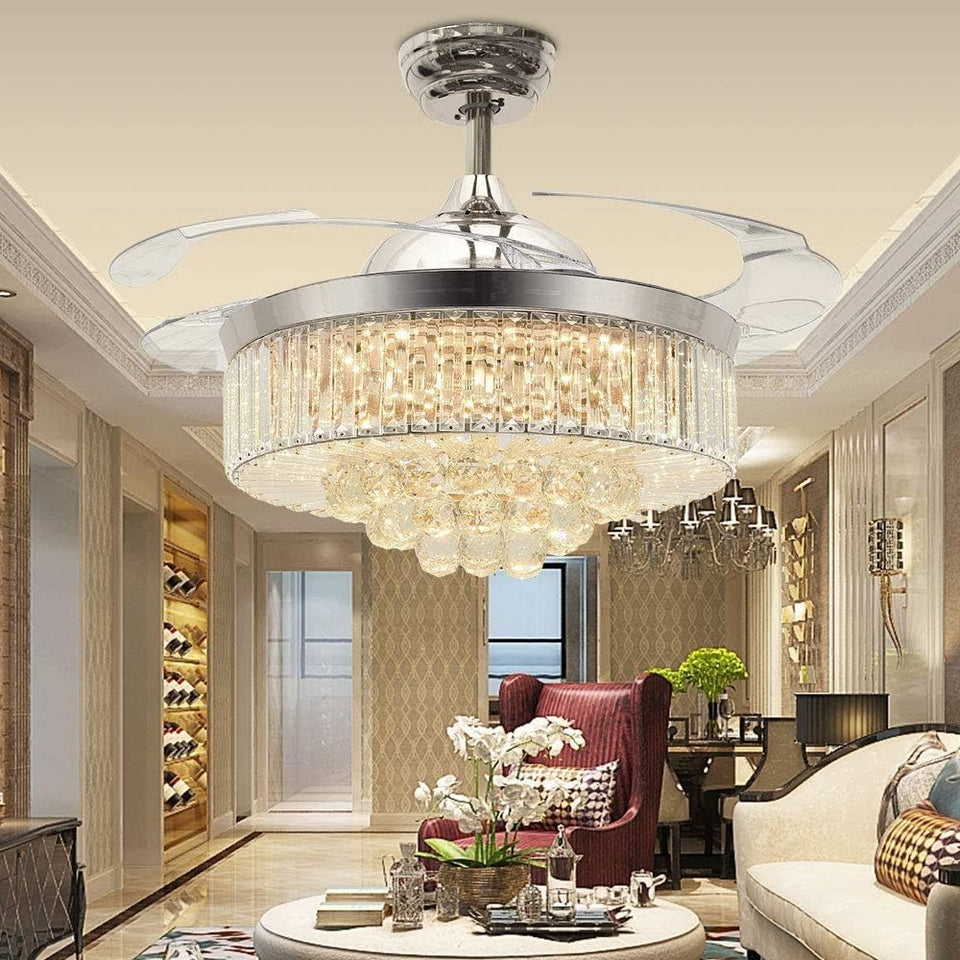 Reversible Retractable Ceiling Fans with LED Light and Remote, 42 Inch Invisible Ceiling Fan Chandelier with 4 Clear ABS Blades, Bedroom Fandelier Indoor Crystal Ceiling Light Kits with Fans (Chrome)