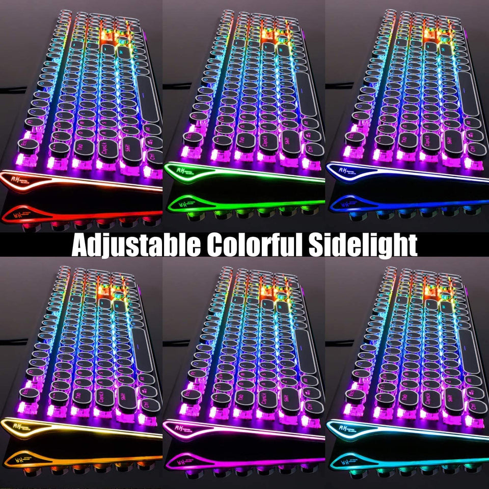 Typewriter Style Retro Mechanical Gaming Keyboard Wired with True RGB Backlit Collapsible Wrist Rest 108-Key Blue Switch round Keycap - Black