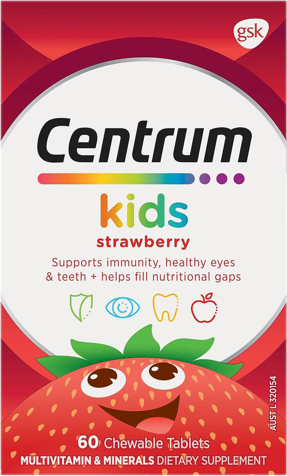 Kids Multivitamin Strawberry Flavour, with Vitamins to Support Immunity, Healthy Eyes, Teeth & Gums, 60 Chewable Tablets