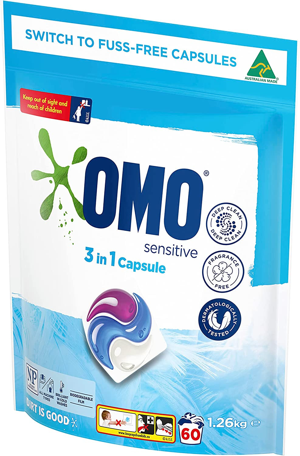 Sensitive 3 in 1 Laundry Detergent Liquid Capsules 60 Washes, 1.26Kg, Fragrance Free