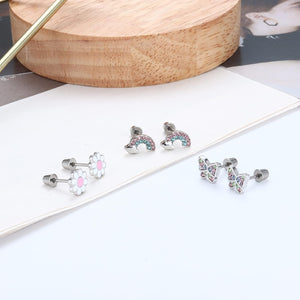 8 Pairs Stud Earrings for Women Girls Stainless Steel Hypoallergenic Earrings Multicolored CZ Screw Back Girls Earrings Rainbow Butterfly Flower Stud Earrings Set Girls Earrings for Kids