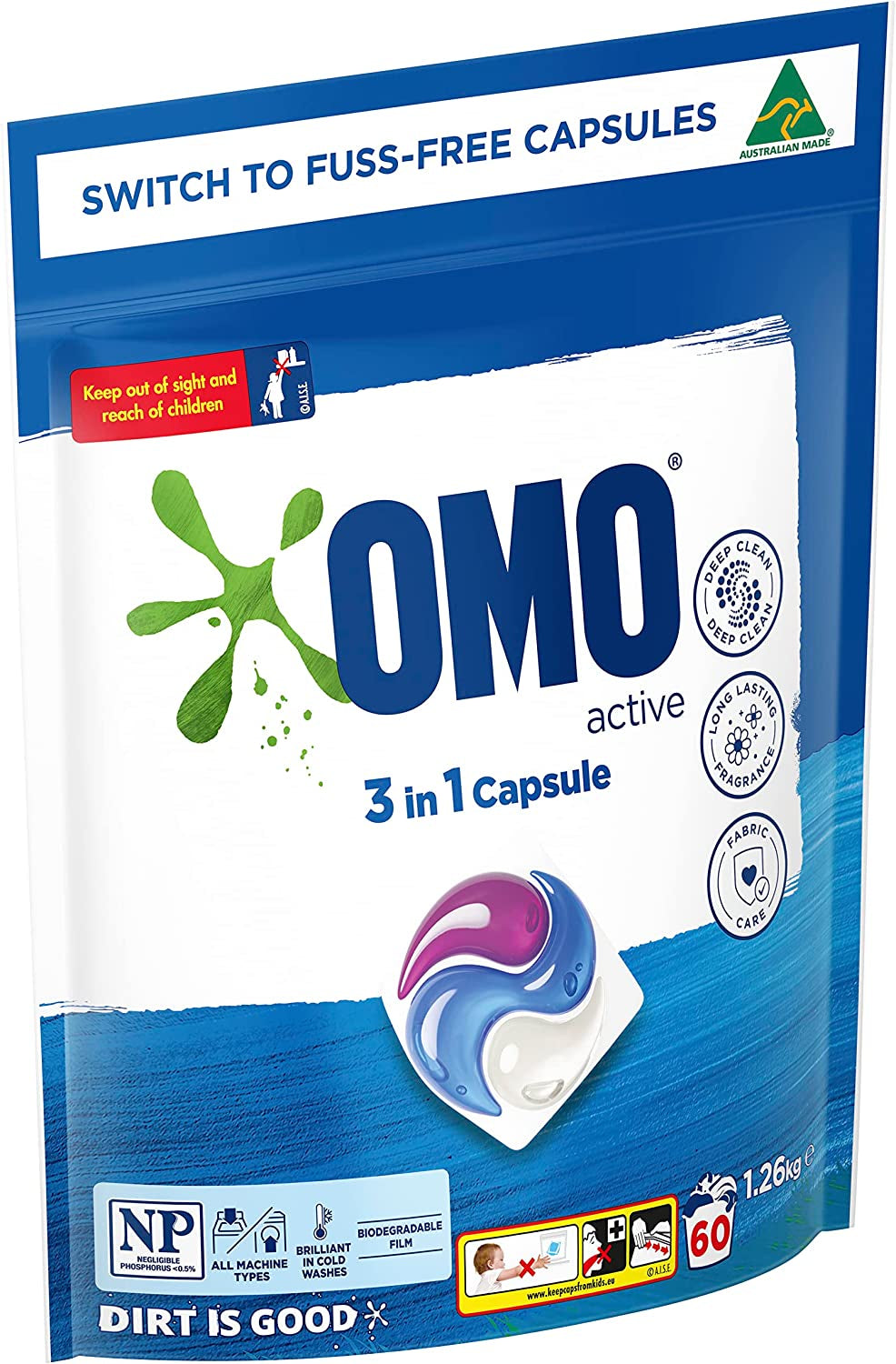 Active Clean 3 in 1 Laundry Detergent Liquid Capsules 60 Washes, 1.26Kg