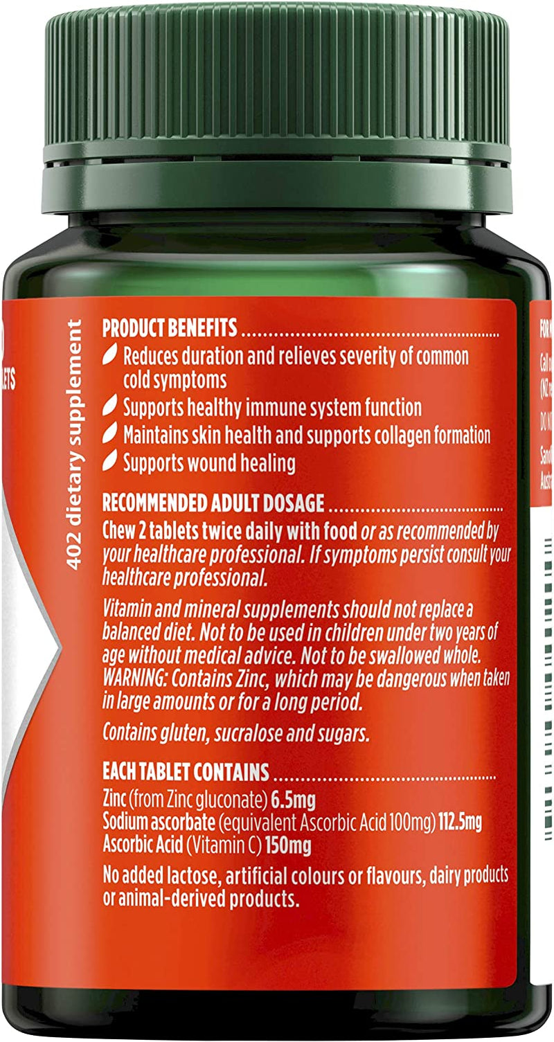 Zinc + Vitamin C - Supports Healthy Immune System Function - Maintains Skin Health, 60 Chewable Tablets