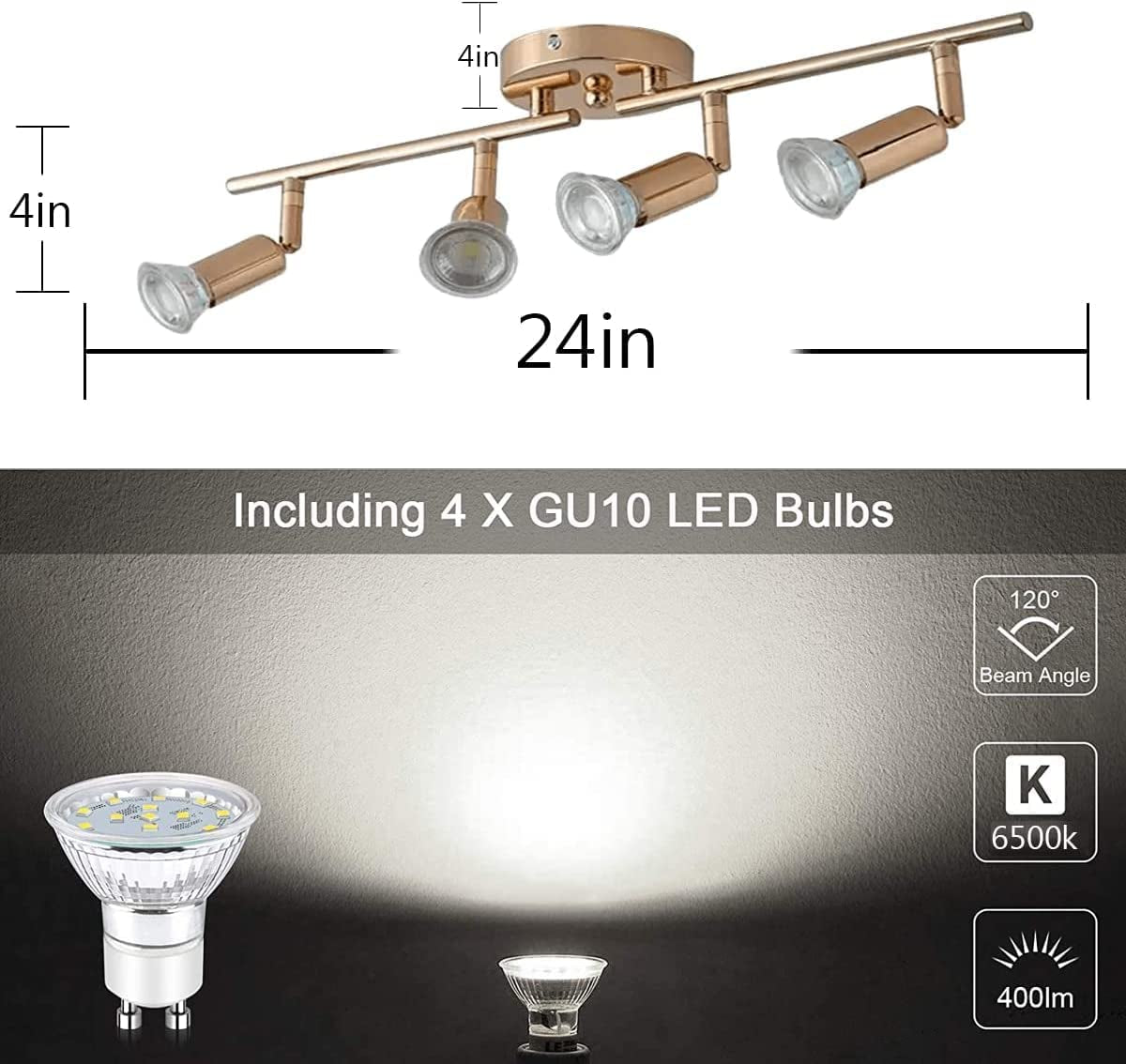 Modern 4-Light Track Lighting Kit, Flush Mount Wall/Ceiling Spot Lights Fixture, LED Track Light with Gold Flexibly Rotatable Light Head for Kitchen Living Room, 4×GU10 Bulb (Included)
