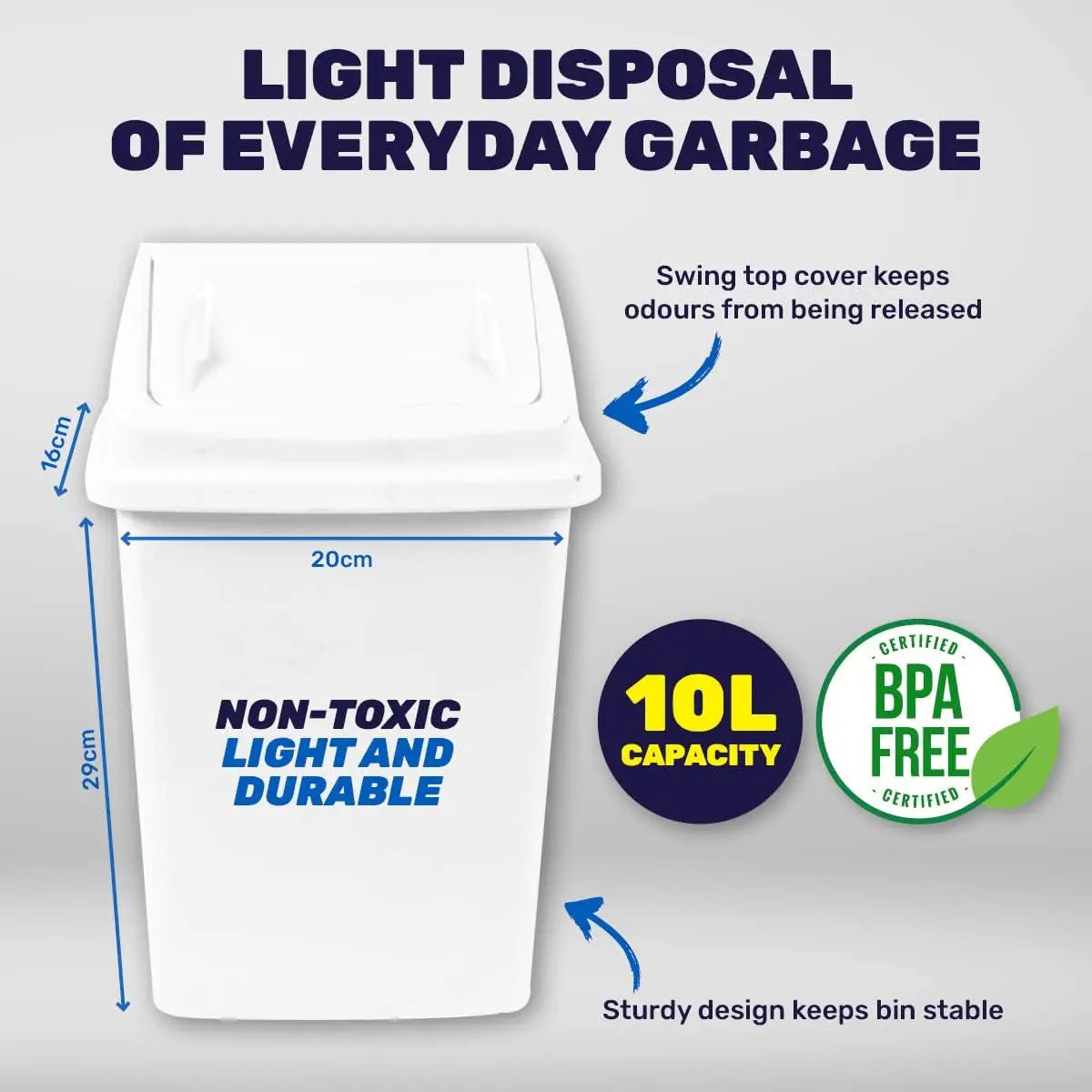X-Tra Kleen Swing Top Garbage Bin White, 10L Capacity, Controls Odors with Swing Open Lid for Easy Access, Ideal for Home or Office, Compact Design