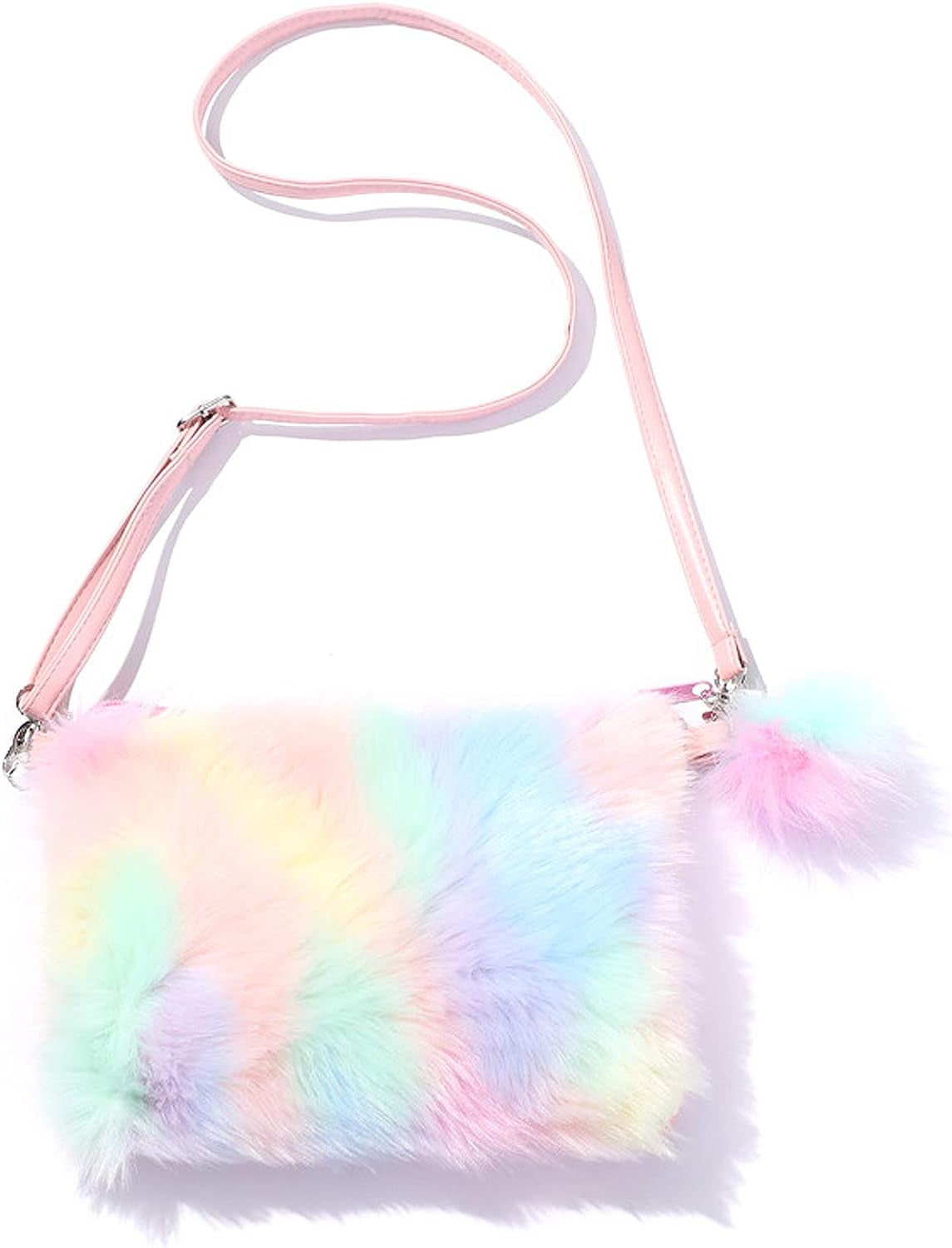Kids Girls Fluffy Crossbody Purse Fuzzy Bag Plush Tie Dye Rainbow Shoulder Bag Handbag Wallet