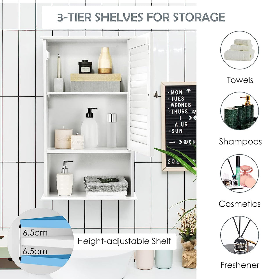 Bathroom Wall Cabinet, Large Capacity Storage Cupboard with Single Louver Door, Height Adjustable Shelf, Modern Medicine Cabinet for Bathroom, Living Room, Kitchen (White)