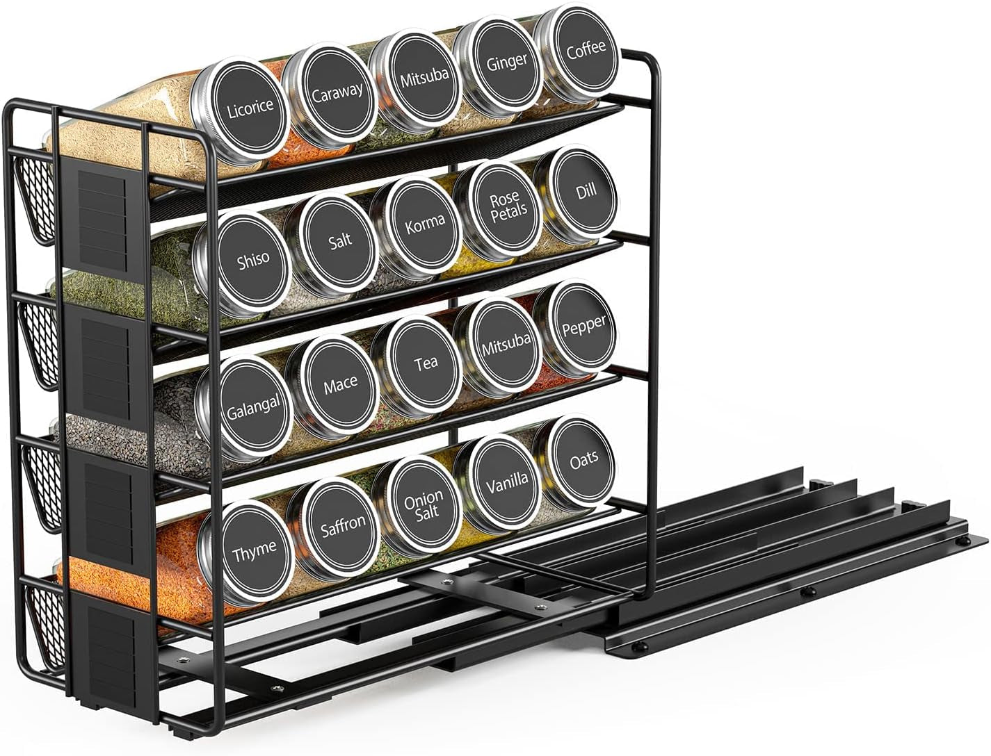 Pull Out Spice Rack Organizer with 20 Jars,Kitchen Organizers Storage for Cabinet, Slide Out Seasoning Kitchen Organizer, 13.5Cm Wide Spice Jars Shelf, 801 Labels and Chalk Marker(Right Facing)