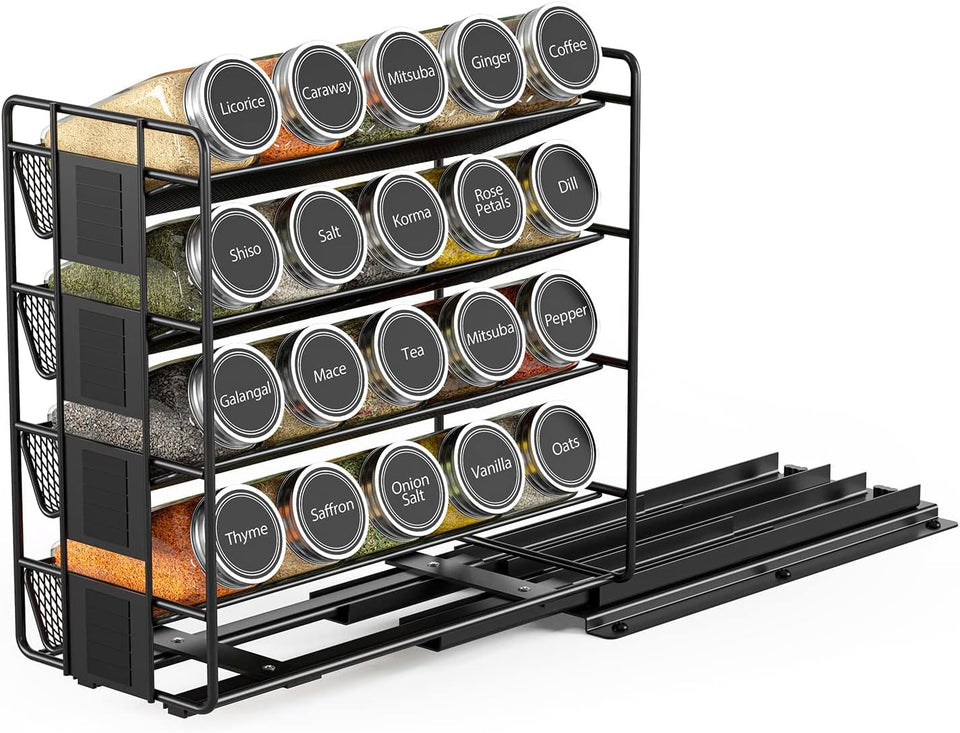 Pull Out Spice Rack Organizer with 20 Jars,Kitchen Organizers Storage for Cabinet, Slide Out Seasoning Kitchen Organizer, 13.5Cm Wide Spice Jars Shelf, 801 Labels and Chalk Marker(Right Facing)