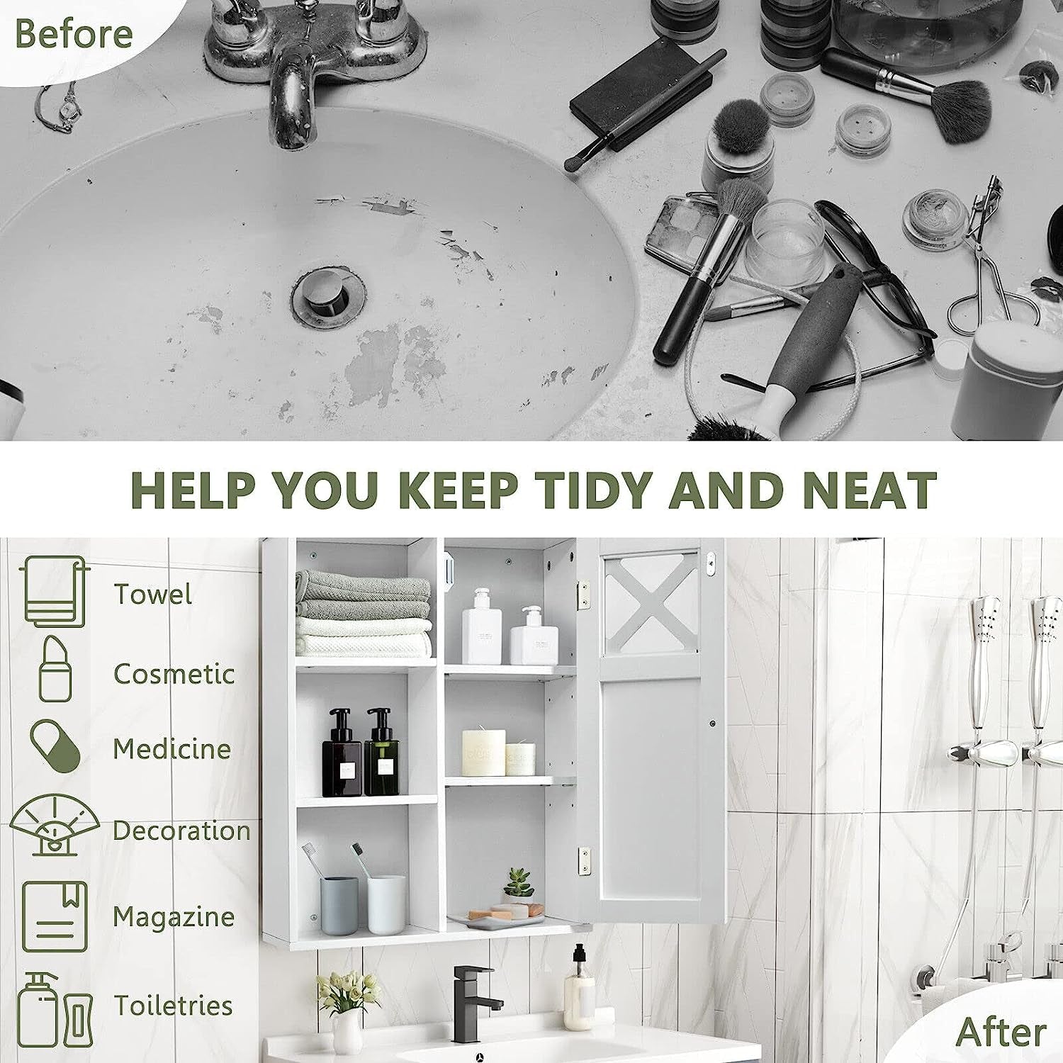 Bathroom Medicine Cabinet, Wall-Mounted Storage Cabinet, Storage Organizer W/Adjustable Shelves & Open Compartments for Bathroom, Living Room, Kitchen, White