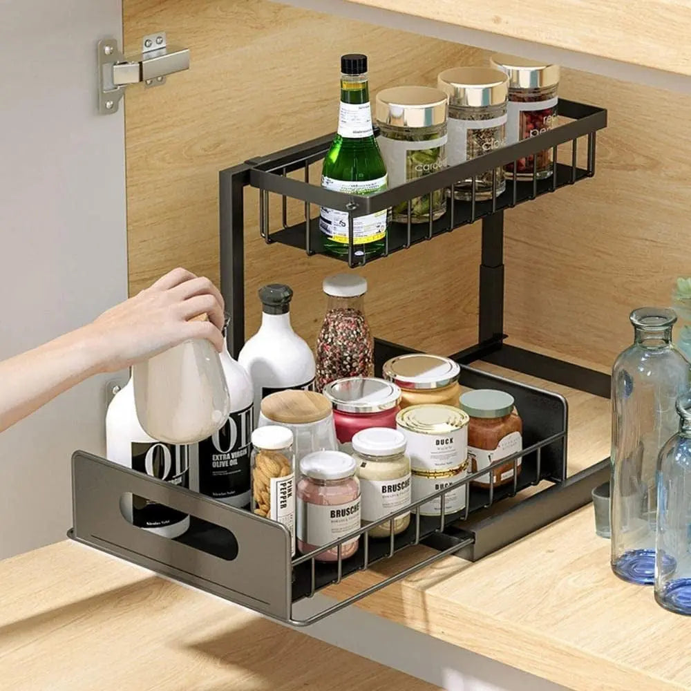 2 Tier under Sink Organiser, Sliding Cabinet Drawer Storage with Non-Slip Pads, Home Kitchen Pantry Bathroom Basket Storage Organiser Pull Out Bins, under Sink Shelf Caddy Storage Organisation (Metal - Black)