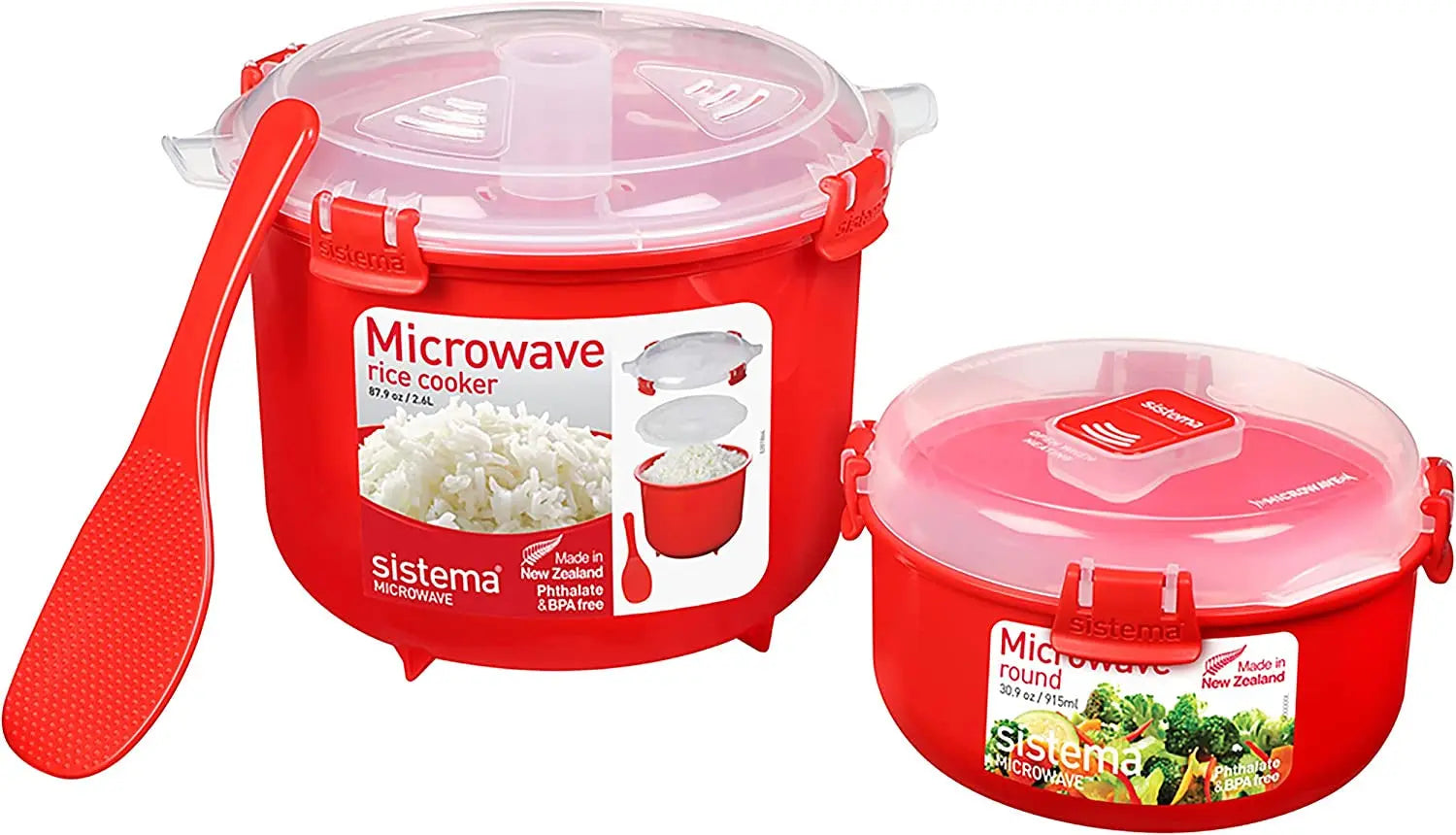 82001 Microwave Rice Cooker (2.6L) and round Microwave Food Container (915Ml) Bpa-Free, Red/Clear
