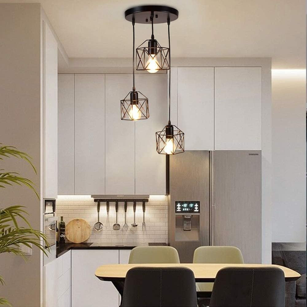 Vintage Pendant Light, 3-Light Adjustable Hanging Pendant Lights Fixture with Cage Shade, Industrial Design Pendant Lamp for Kitchen/Dining Room/Hallway, E27 Base Black