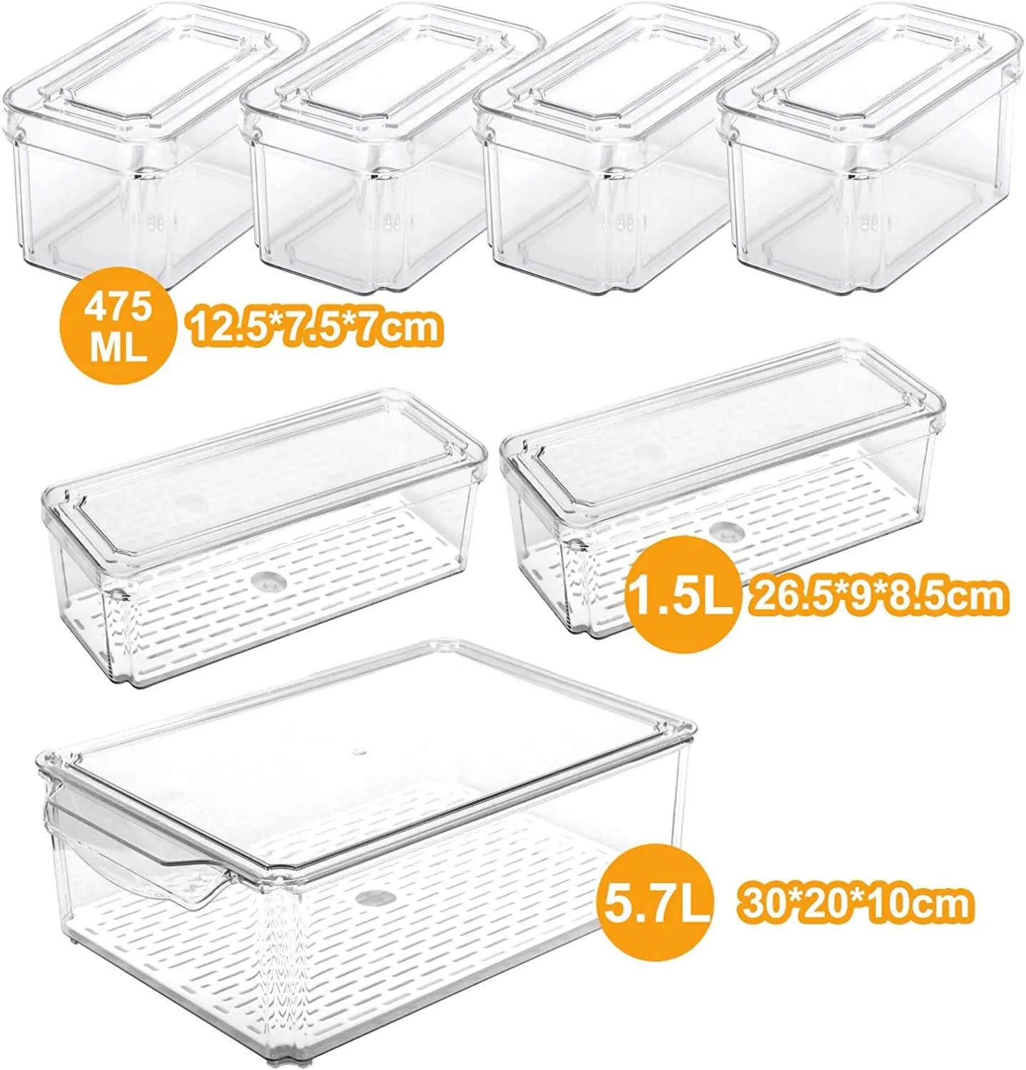 Fridge Food Storage Containers with Lid - 7Pc Stackable Produce Saver with Removable Drain Tray for Vegetable Fruit, Plastic Clear Refrigerator Organizer Bins for Kitchen Cabinet Pantry Organization