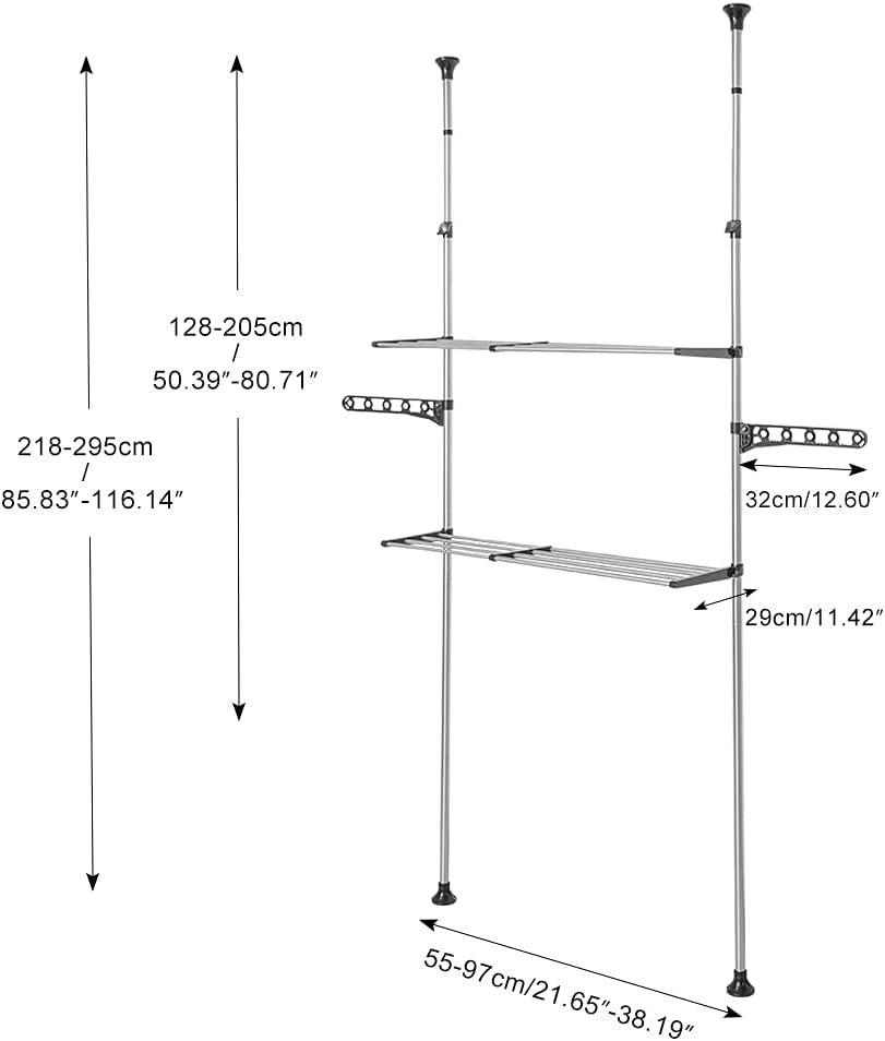 2-Layer Expandable Laundry Shelf over Washing Machine Storage Rack Tension Pole Space Saver Bathroom Organizer with Towels Clothes Hanger Hook