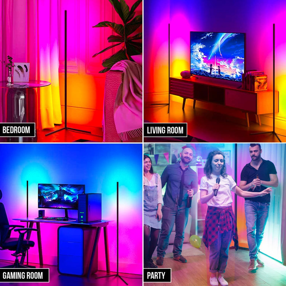 Modern Bright LED Corner Floor Lamp with Remote - Smart Bluetooth App Control RGB Color Changing Standing Lamp Corner Wall Lighting for Home Décor, Living Room, Bedroom, Party