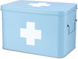 First Aid Medicine Box Supplies Kit Organizer - 13" Blue Metal Tin Medic Storage Bin Hard Case with Removable Tray White Cross, Vintage Antique Empty Boxes for Home Family Emergency Tool Set