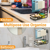 Kitchen Sink Caddy Organiser with Removal Drainage Tray, Metal Countertop Sponge & Soap Holder, Dishcloth Towel Hanger- Free Standing or Wall-Mounted (Black)