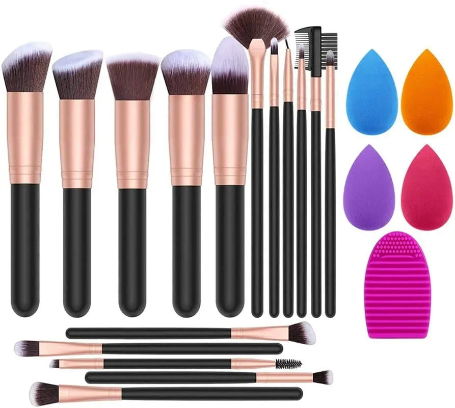 Makeup Brush Set, 16 Makeup Brushes & 4 Blender Sponges & 1 Brush Cleaner Premium Synthetic Foundation Powder Kabuki Blush Concealer Eye Shadow Makeup Brush Kit, Black Golden