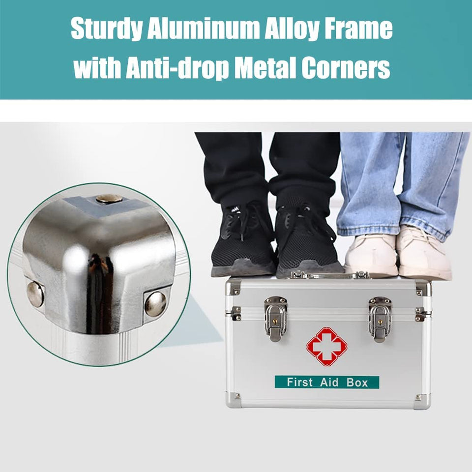 Premium 14 Inches Empty First Aid Box with an Internal 3 Grid Tray and Shoulder Strap, Aluminum Alloy Framed, Portable Home & Work Medicine Box for Medical and Health Industry Workers