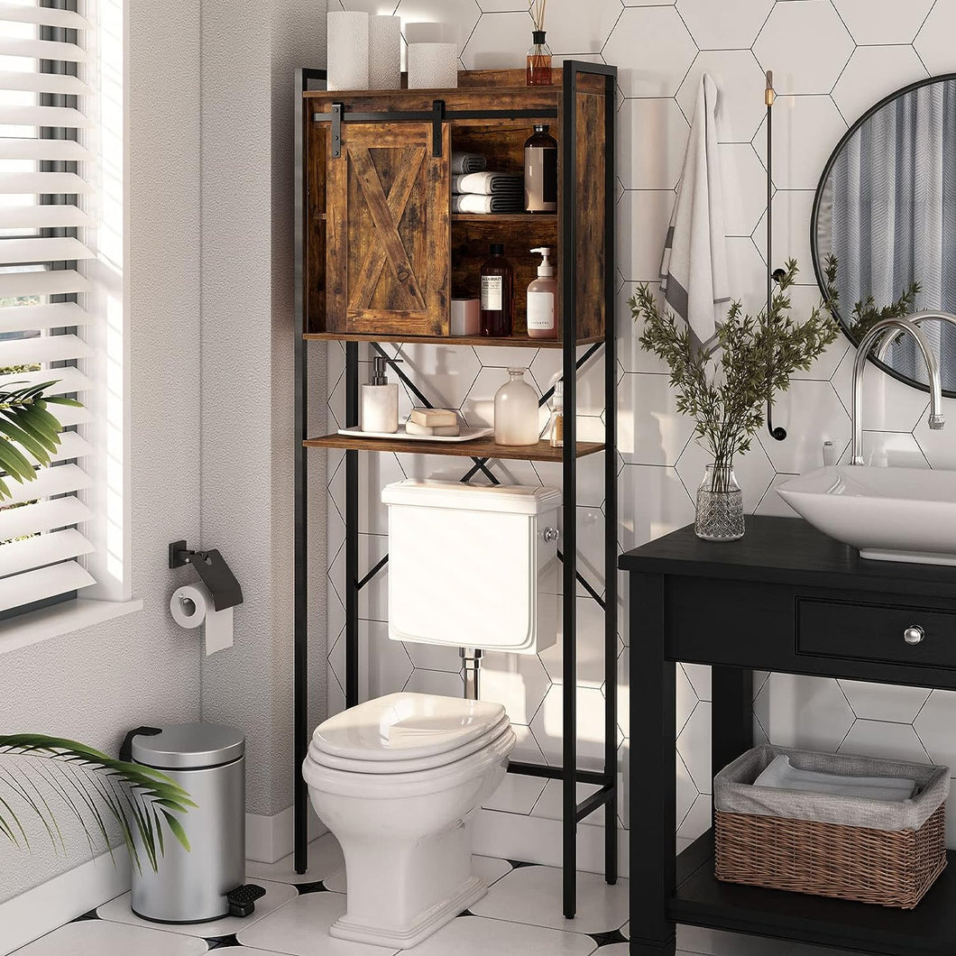 over the Toilet Storage Cabinet, 4-Tier Bathroom Space-Saver Rack over Toilet, Toilet Organizer Rack with with Cupboard and Adjustable Shelf, Easy Assembly, Rustic Brown TRHR0201