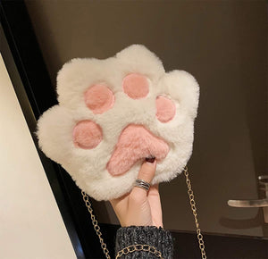 Cute Cat Paw Shape Shoulder Bag Purse Fluffy Plush Crossbody Handbag Clutch with Chain Strap for Women Girls