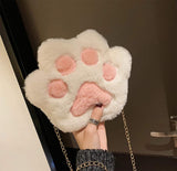 Cute Cat Paw Shape Shoulder Bag Purse Fluffy Plush Crossbody Handbag Clutch with Chain Strap for Women Girls