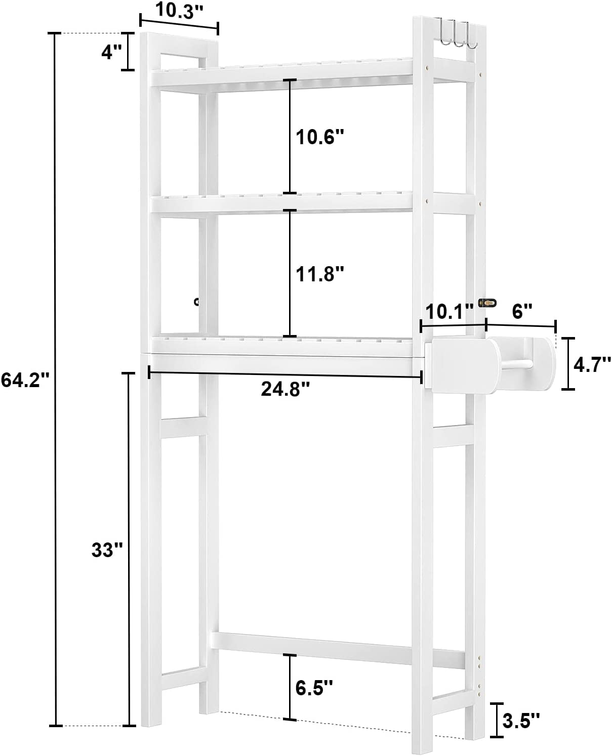 over the Toilet Storage, 3-Tier Bamboo above Toilet Shelf with Toilet Paper Holder, Bathroom Free Standing Space-Saving Rack Organizer with 3 Hooks for Restroom, Laundry, White