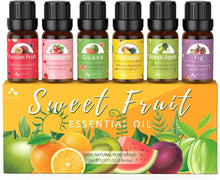 Load image into Gallery viewer, Fruit Essential Oils Set of 6 X 10Ml Aromatherapy Oils for Diffusers - Passion Fruit, Strawberry, Guava, Pineapple, Green Apple, Fig Fruity Scented Fragrance Oils for Diffusion, Candle Making
